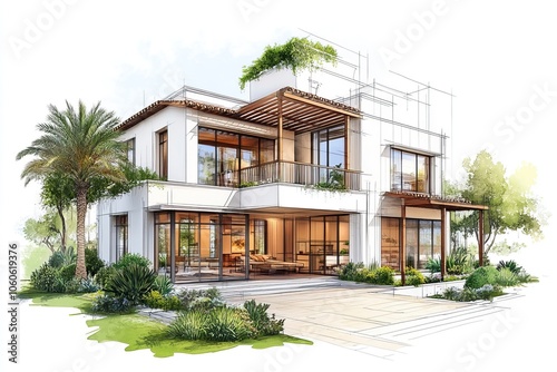 Process of designing a luxury villa, featuring concept drawings, 3D models, and final renderings