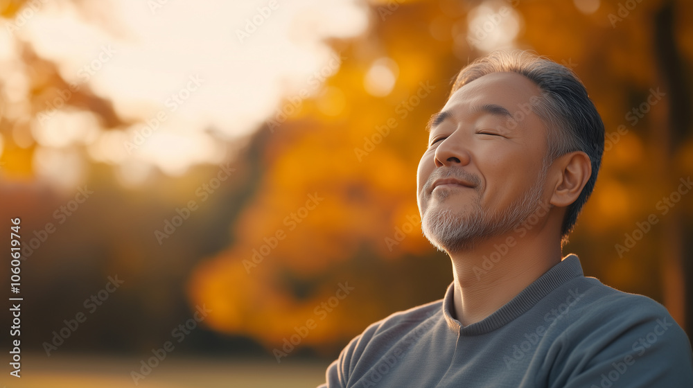serene older man enjoys tranquility of nature, surrounded by warm autumn colors. His peaceful expression reflects moment of mindfulness and contentment. serene older man enjoys tranquility of nature, surrounded by warm autumn colors. His peaceful expression reflects moment of mindfulness and contentment.