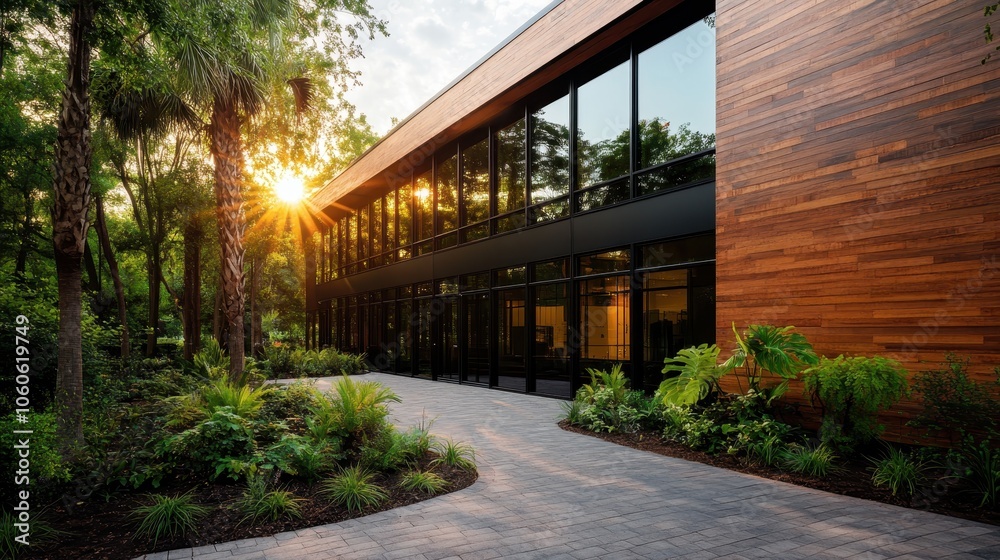 A modern structure with expansive glass windows contrasts beautifully with the lush greenery, offering a perfect harmony between architecture and natural surroundings. A modern structure with expansive glass windows contrasts beautifully with the lush greenery, offering a perfect harmony between architecture and natural surroundings.