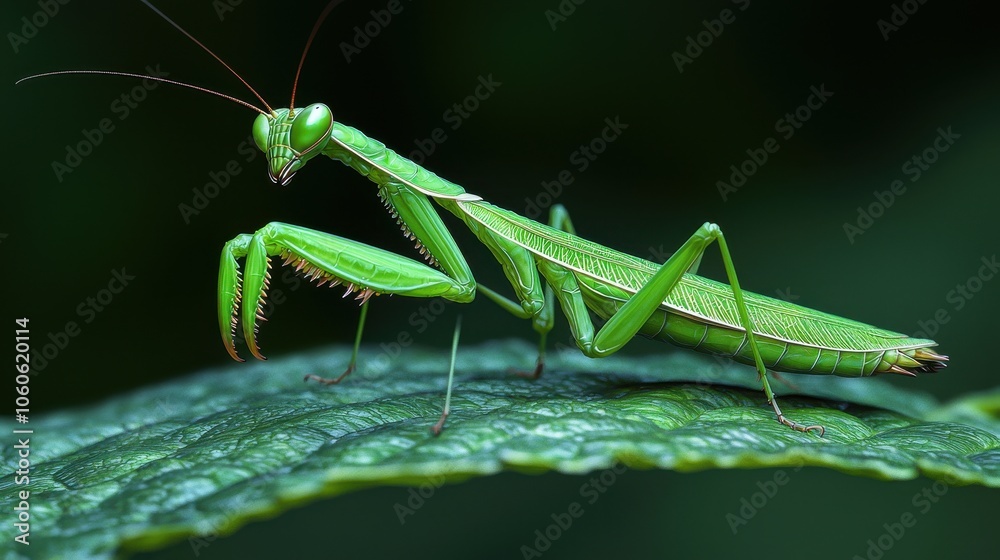 Green Praying Mantis on Leaf in Nature Setting Green Praying Mantis on Leaf in Nature Setting