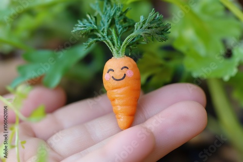 Mini cute happy laughing carrot in the palm of your hand high photo