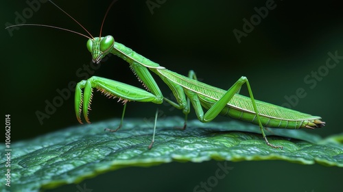 Green Praying Mantis on Leaf in Nature Setting