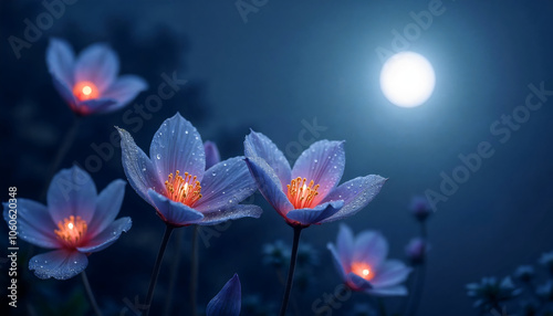 Glowing flowers create a magical atmosphere, illuminated by moonlight, showcasing the beauty of nature at night in a serene setting.