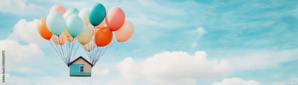 Obraz premium A whimsical house floats among colorful balloons in a bright blue sky, evoking a sense of joy and adventure.