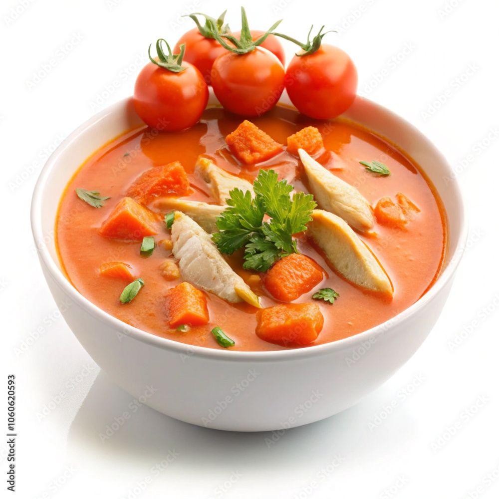 Warm tomato soup garnished with carrots and chicken, isolated on white background Warm tomato soup garnished with carrots and chicken, isolated on white background
