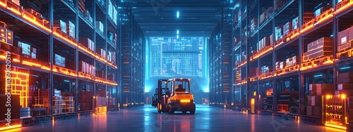 A futuristic warehouse with glowing digital data streams, creating an immersive and high-tech atmosphere for commercial photography