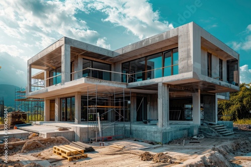 Modern House under construction. Daytime