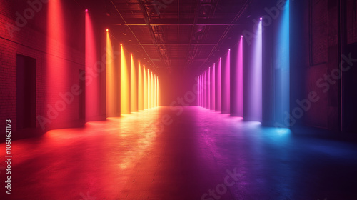 A long hallway with colorful lights shining down on the floor