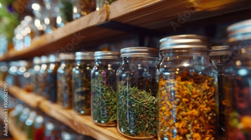 A shelf lined with jars of various herbs and teas each with their own soothing and healing properties.