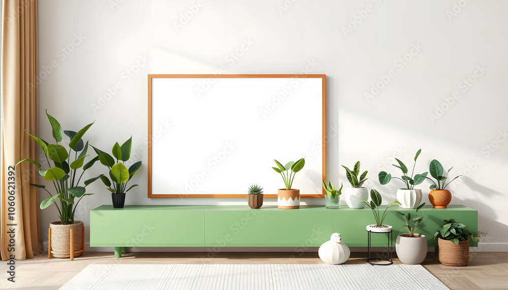 Stylish living room interior with brown mock up photo frame, beautiful plants in differents hipster and design pots on the green shelf. Modern and floral concept of home garden jungle. Template isol Stylish living room interior with brown mock up photo frame, beautiful plants in differents hipster and design pots on the green shelf. Modern and floral concept of home garden jungle. Template isol