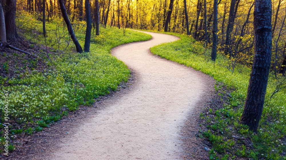 A winding pathway through a serene forest, surrounded by lush greenery and warm sunlight, inviting tranquility and exploration. A winding pathway through a serene forest, surrounded by lush greenery and warm sunlight, inviting tranquility and exploration.