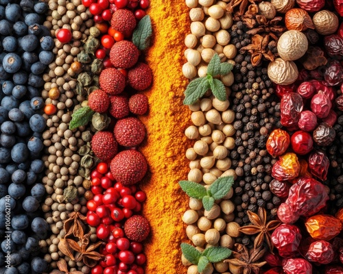 Boost Your Immune System with the Power of Fresh Herbs and Spices A Colorful Display of Nature's Wellness Boosters, Featuring Turmeric, Mint, Juniper Berries, and More photo