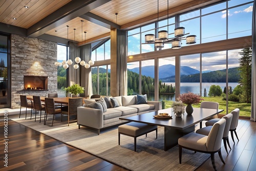 Luxury Dining and Living Room with Lake View in Modern Design for Family Vacation Home, Spacious Interiors, Elegant Decor, Open Concept Layout, Stylish Furnishings