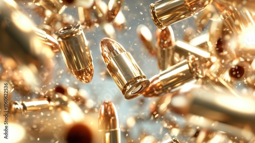 The image features golden bullets seemingly floating mid-air against a soft focus background, accentuating the metallic allure amid a dynamic, modern presentation.