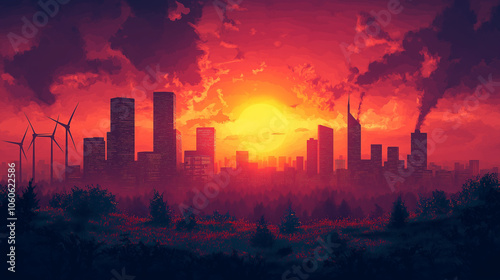 A city skyline with a large sun in the sky