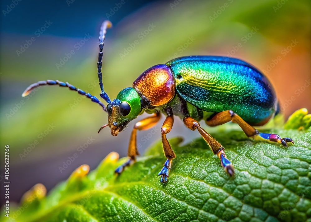Naklejka premium Macro Close-up of Alder Flea Beetle Agelastica alni Devouring Plant Leaves in Urban Exploration Photography, Highlighting Insect Damage and Nature's Intricacies