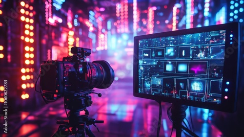 A professional video camera with a monitor displaying a variety of shots, set up in a brightly lit room with neon lights.