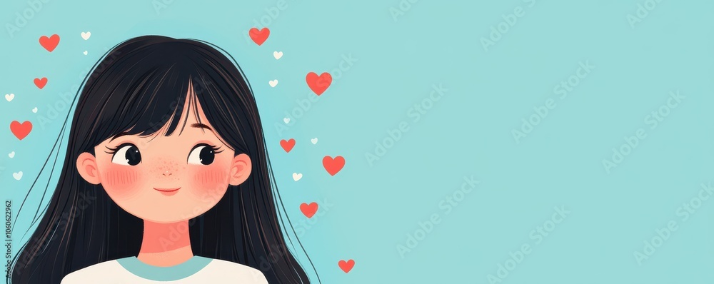 An adorable girl with long black hair looking happily surrounded by floating hearts on a soft blue background. An adorable girl with long black hair looking happily surrounded by floating hearts on a soft blue background.
