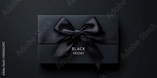 Elegant Black Friday gift box wrapped with a black satin ribbon on a dark background, creating a luxurious and minimalist look for holiday promotions.
