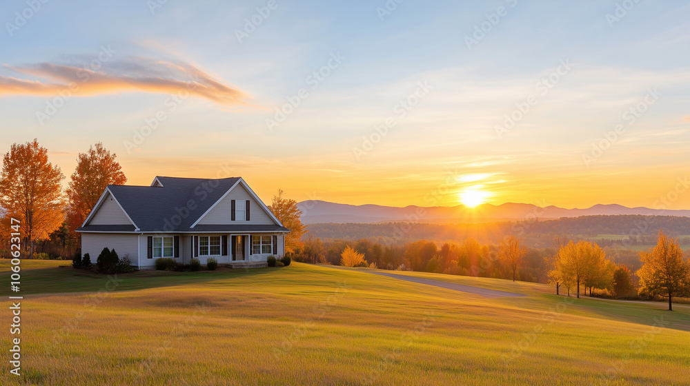 beautiful house sits on vast green lawn, surrounded by trees with autumn foliage, as sun sets behind distant mountains, creating serene and picturesque landscape. beautiful house sits on vast green lawn, surrounded by trees with autumn foliage, as sun sets behind distant mountains, creating serene and picturesque landscape.