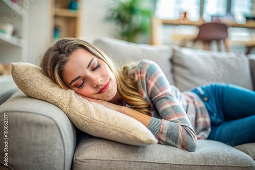 Pretty young woman napping on sofa, cozy home, relaxed mood.