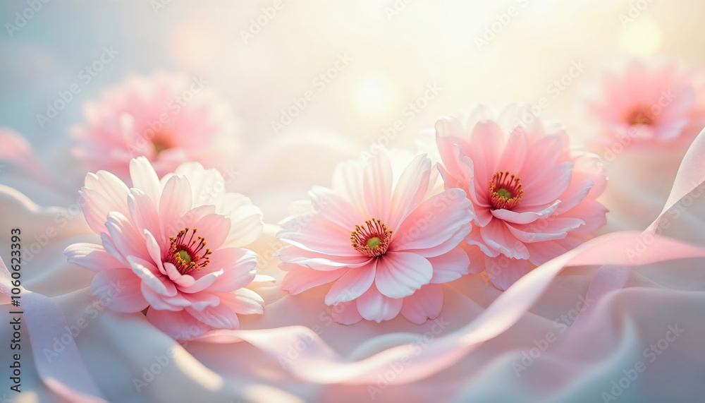 A serene arrangement of soft pink flowers resting on a gentle fabric backdrop, perfect for springtime or floral-themed projects. A serene arrangement of soft pink flowers resting on a gentle fabric backdrop, perfect for springtime or floral-themed projects.