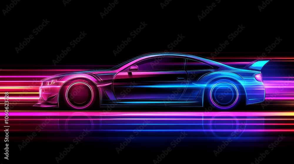 A sleek, black sports car with neon lights streaks across a dark background, leaving a trail of light.