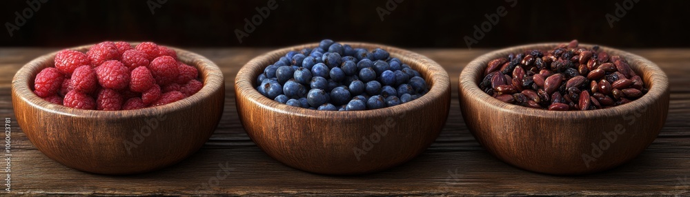 Boost Your Immunity with Superfoods A Colorful Trio of Raspberries, Blueberries, and Goji Berries in Small Bowls, Nourishing Your Body with Balanced Nutrition Boost Your Immunity with Superfoods A Colorful Trio of Raspberries, Blueberries, and Goji Berries in Small Bowls, Nourishing Your Body with Balanced Nutrition