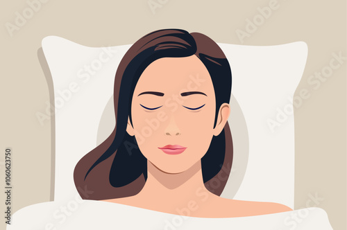 Woman sleeping in bed - Face with closed eyes of female person falling asleep feeling comfort and relaxed with head on pillow lying under blanket in bed. Top down view vector illustration graphic