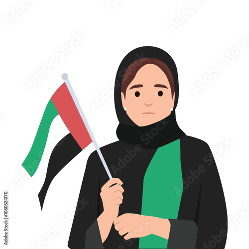 Palestinian Women in Hijab with Palestine Flag. Flat vector illustration isolated on white background