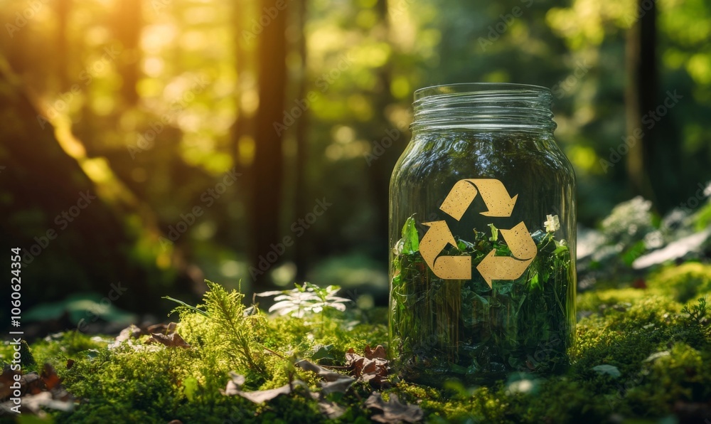 glass jar adorned with the universal recycling symbol, set against a lush forest backdrop, symbolizing eco-friendly packaging solutions for a sustainable, zero waste lifestyle glass jar adorned with the universal recycling symbol, set against a lush forest backdrop, symbolizing eco-friendly packaging solutions for a sustainable, zero waste lifestyle