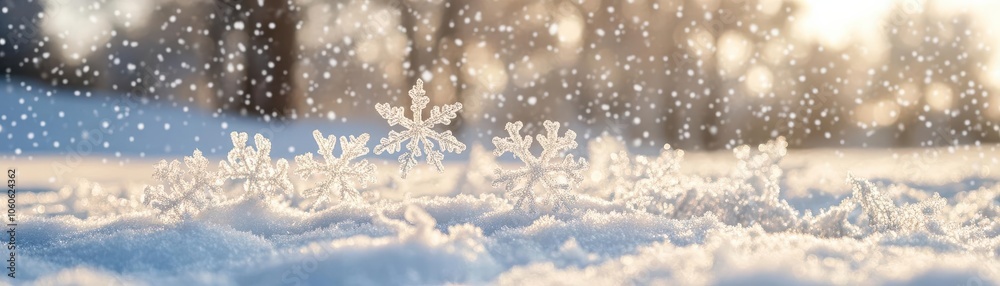 Falling snowflakes with soft focus, snow-laden landscape background Falling snowflakes with soft focus, snow-laden landscape background