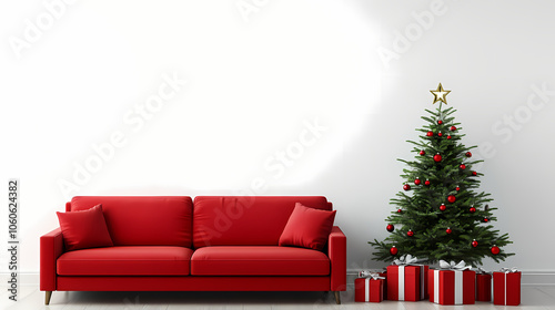 Christmas tree with red sofa and gifts against a minimalistic white wall background, showcasing photorealism in a simple design. Photorealism. Illustration