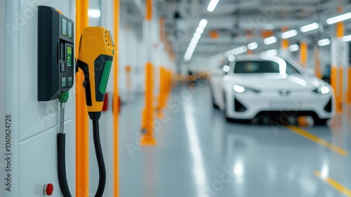 A modern electric car charging station in a well-lit, organized garage with a white vehicle partially visible in the background.