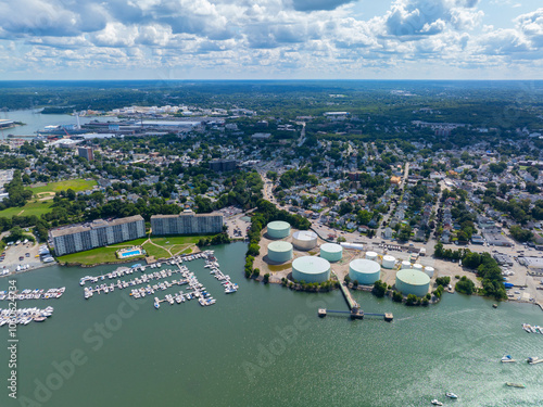 Town River Yacht Club and Captain's Cove Marina aerial view at Town River Bay in city of Quincy, Massachusetts MA, USA. 