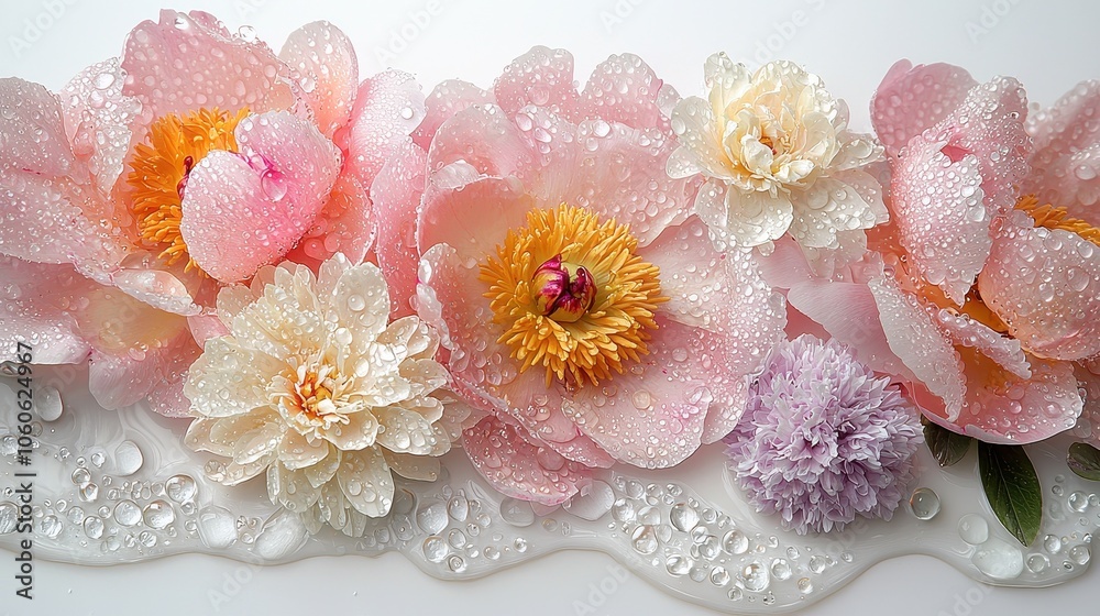 Delicate Pastel Peonies with Water Droplets Delicate Pastel Peonies with Water Droplets