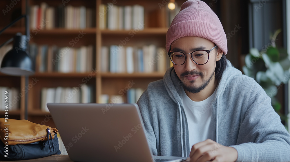 young man with glasses and pink beanie is focused on his laptop in cozy library setting, surrounded by books. His expression shows concentration and engagement. young man with glasses and pink beanie is focused on his laptop in cozy library setting, surrounded by books. His expression shows concentration and engagement.