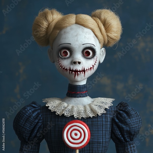 A creepy porcelain doll with red eyes and a stitched smile holds a lollipop. photo