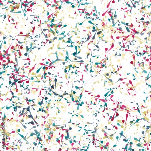 Ink or paint splashes on the white background. Deep rose, dark cyan,  desert sand and egg white colors. Seamless hand drawn pattern.
