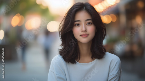 young woman with long, dark hair, wearing light blue shirt, stands outdoors with soft smile. background features blurred lights, creating warm atmosphere.