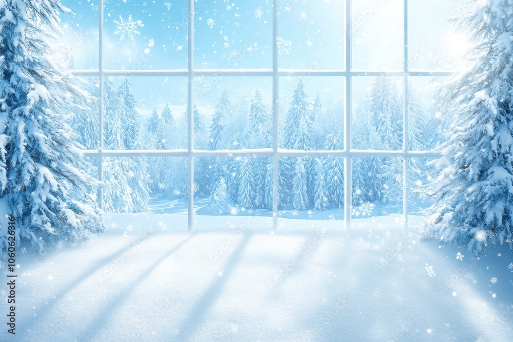 Fototapeta premium Serene winter landscape viewed window with snowflakes