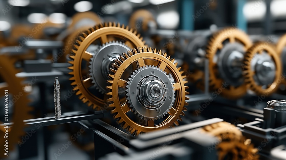 Close-up view of interlocking metal gears in industrial machinery, featuring a combination of brass and steel colors with detailed grooves and mechanical elements. Close-up view of interlocking metal gears in industrial machinery, featuring a combination of brass and steel colors with detailed grooves and mechanical elements.