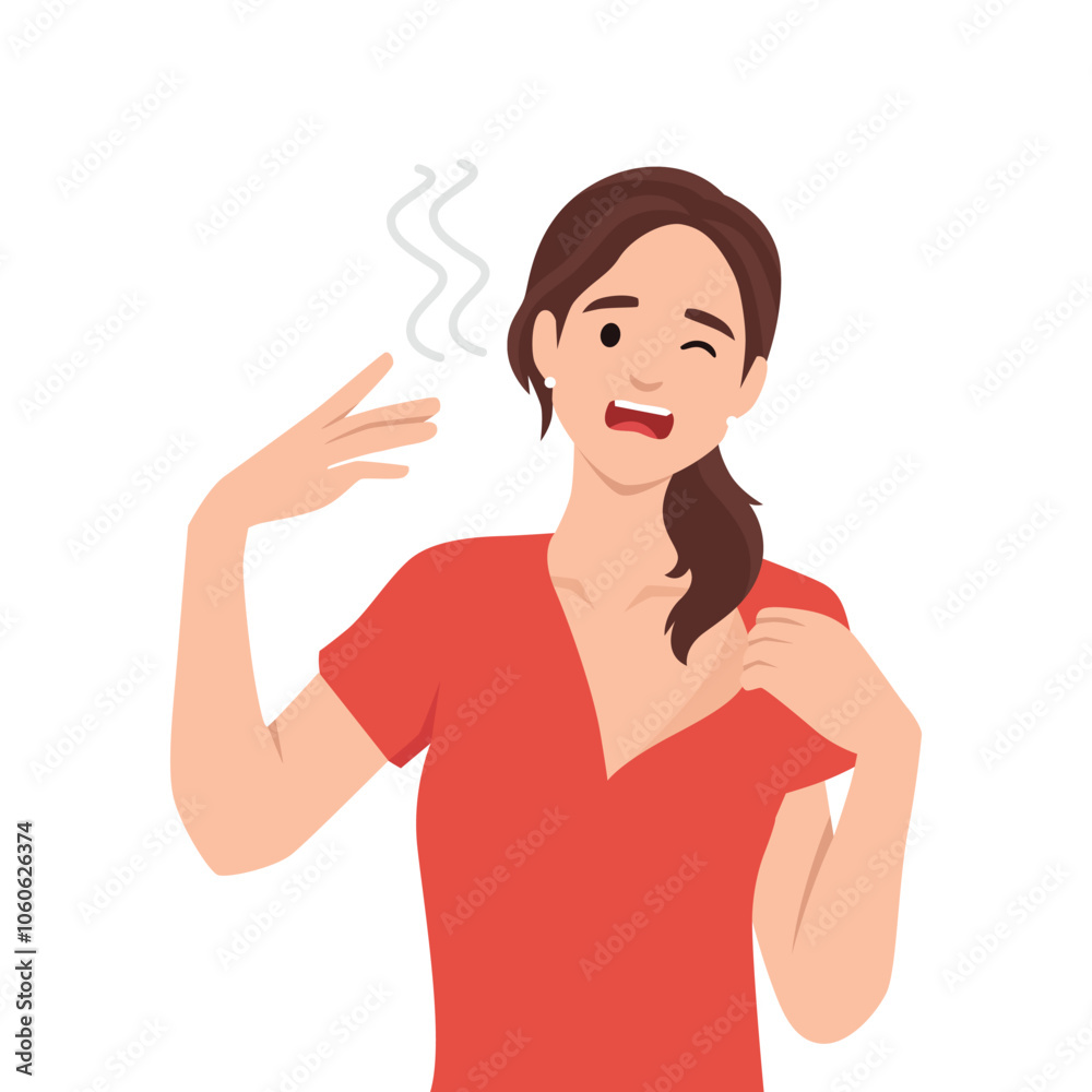 Young woman at outdoor with hot sun light has a risk to have Heat stroke. Flat vector illustration isolated on white background Young woman at outdoor with hot sun light has a risk to have Heat stroke. Flat vector illustration isolated on white background
