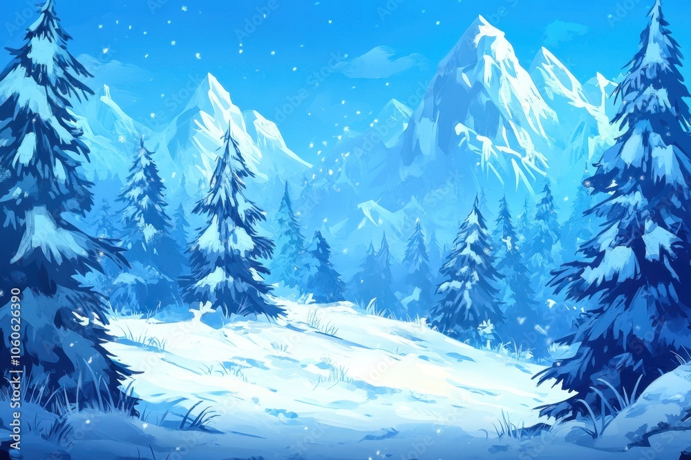 Fototapeta premium Winter wonderland with -covered pine trees mountains