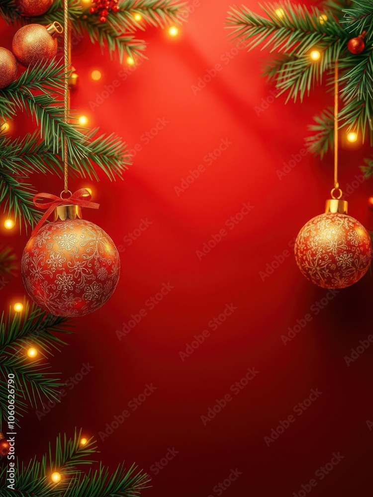 A festive red and green Christmas background with shimmering gold ornaments and twinkling lights, December A festive red and green Christmas background with shimmering gold ornaments and twinkling lights, December