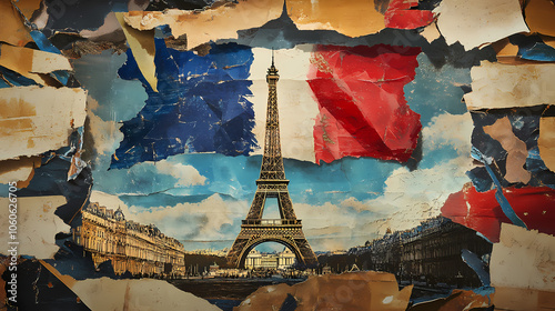 Collage of torn paper with a france theme. French Revolution Paris. Illustration