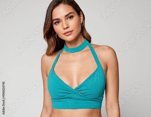 A young Latina woman poses confidently in a stylish turquoise halter top, exuding a vibrant summer vibe.