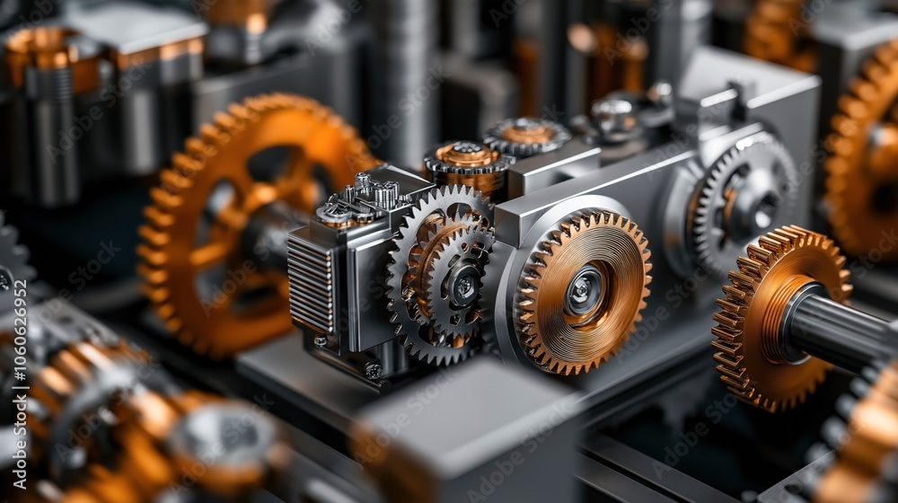 Fototapeta premium Close-up of intricate mechanical gears with gold and silver tones in a complex industrial machinery setup, highlighting cogwheels and engineering design.