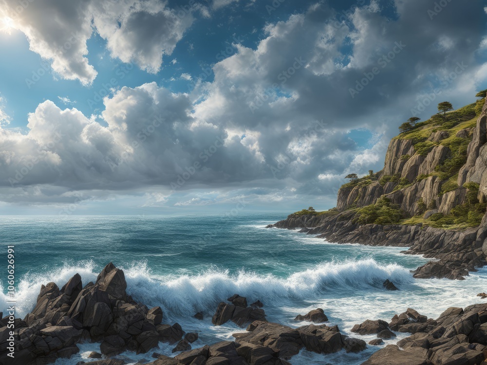 Stormy Sea and Waves Crashing on the Rocky Coastline Stormy Sea and Waves Crashing on the Rocky Coastline