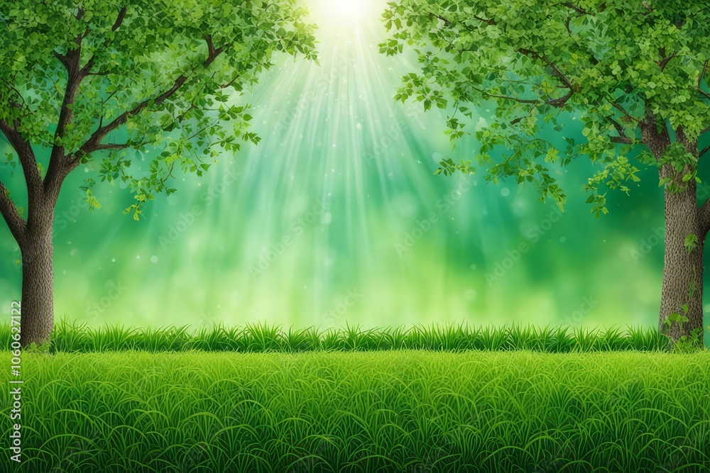 Obraz premium Morning sun rays filtering through the green forest, illuminating the grass and trees in a peaceful natural landscape mock up background